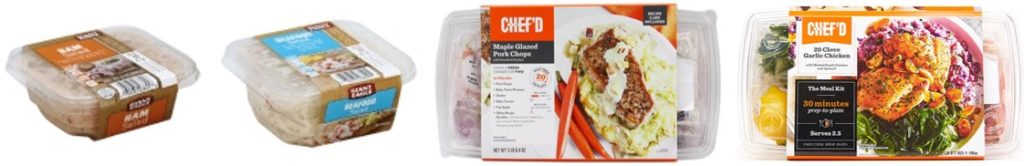 Figure 1. Las ensaladas Giant Eagle (izquierda) y los platos preparados Chef’d (derecha), son productos procesados por altas presiones y algunos incluyen compuestos antimicrobianos naturales en su composición Figure 1. <strong>.</strong> Giant Eagle salads (left) and Chef’d meal-kits (right) are high pressure-processed and some include natural antimicrobials as ingredient in their formulation (source: <a href="http://grocery.gianteagle.com/pd/category/Grocery/Deli/Prepared-Foods/Salads-and-More/1357">http://grocery.gianteagle.com/pd/category/Grocery/Deli/Prepared-Foods/Salads-and-More/1357</a>)