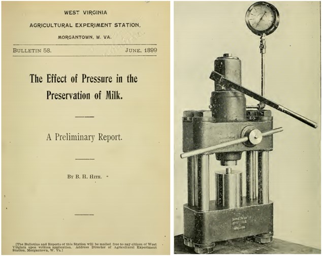 Imagen 1. Portada del artículo de Hite donde describe el efecto de las altas presiones para la conservación de la leche y el primer equipo HPP utilizado para la presurización de las muestras de leche (Hite, 1899) Imagen 1. Portada del artículo de Hite donde describe el efecto de las altas presiones para la conservación de la leche y el primer equipo HPP utilizado para la presurización de las muestras de leche (Hite, 1899)