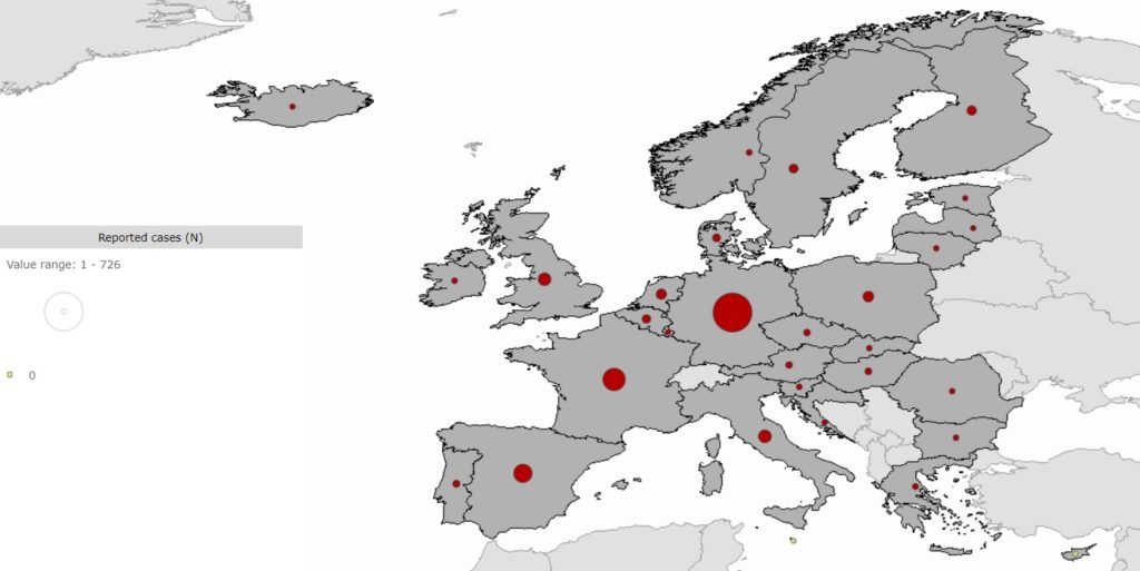 Figure 3. Confirmed cases of listeriosis in 2017. Source: European Centre for Disease Prevention and Control (ECDC). Figure 3. Confirmed cases of listeriosis in 2017 for lack of food safety in meat products. Source: European Centre for Disease Prevention and Control (ECDC).
